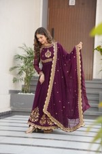 Latest Attractive Faux Blooming Wine Gown With Dupatta For Functional Wear