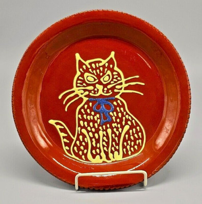 9-1/4'' redware plate/bowl Happy Yellow Cat w/blue bowtie, studio potter Jennifer