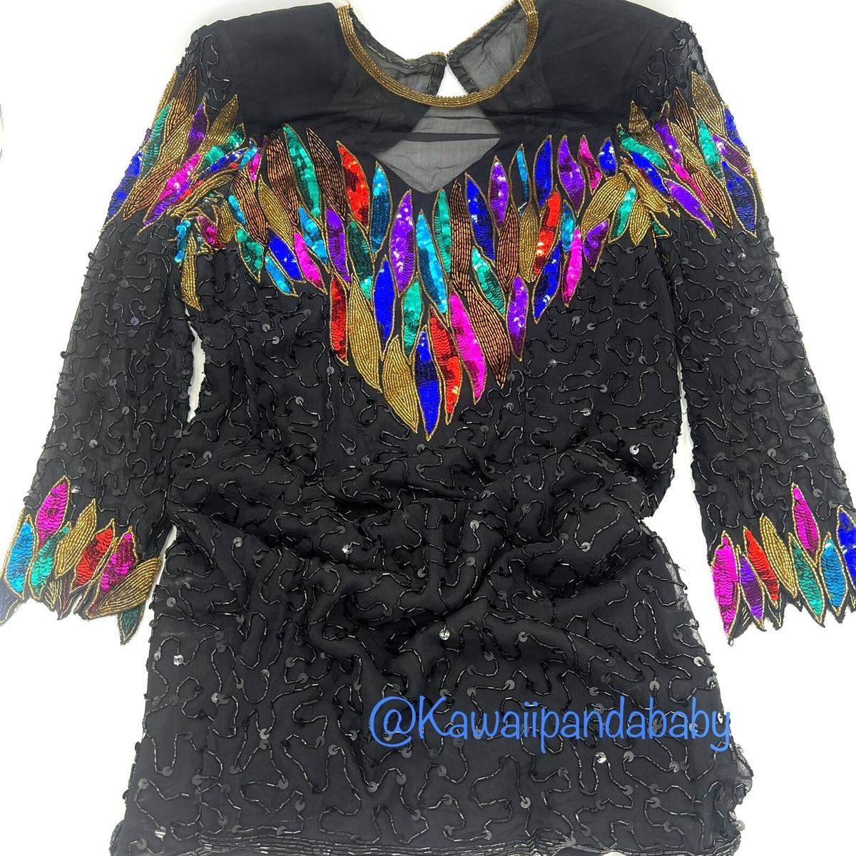 Vtg 80s 90s Leslie Fay Petite 100%Silk Black Sequin Bead Mesh Evening Dress  SZ 6