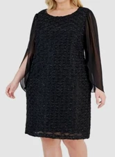 Connected Women's Black Jacquard Tulip-Sleeve Dress Plus Size 22W