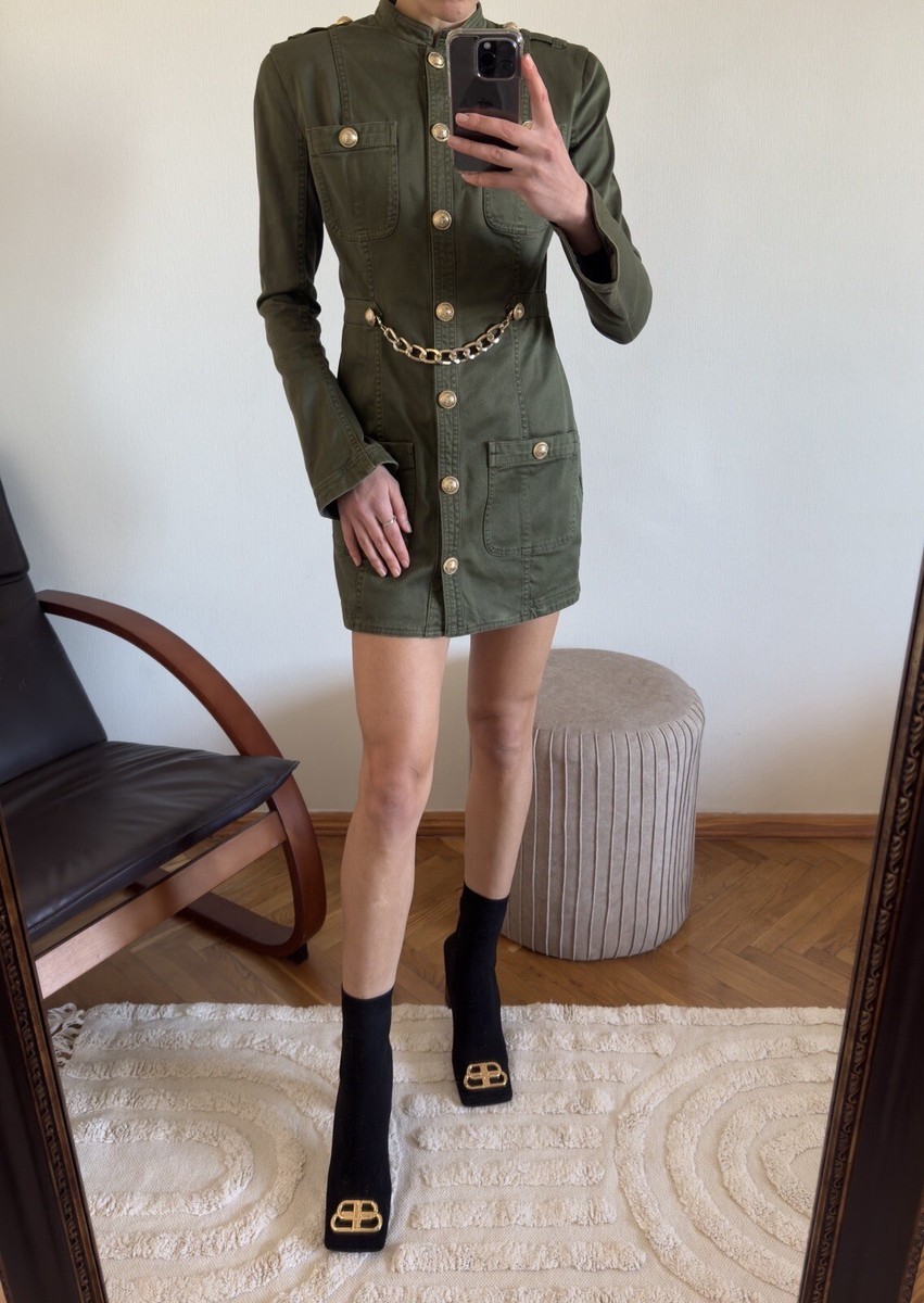 balmain green dress 2,5k Stunning Authentic Khaki Denim Logo Buttons Jacket Size 36 playful
