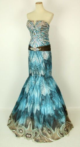 NWT Jovani Mermaid Evening $550 Full Size 0 Strapless Formal Prom Blue Brown - Picture 1 of 12