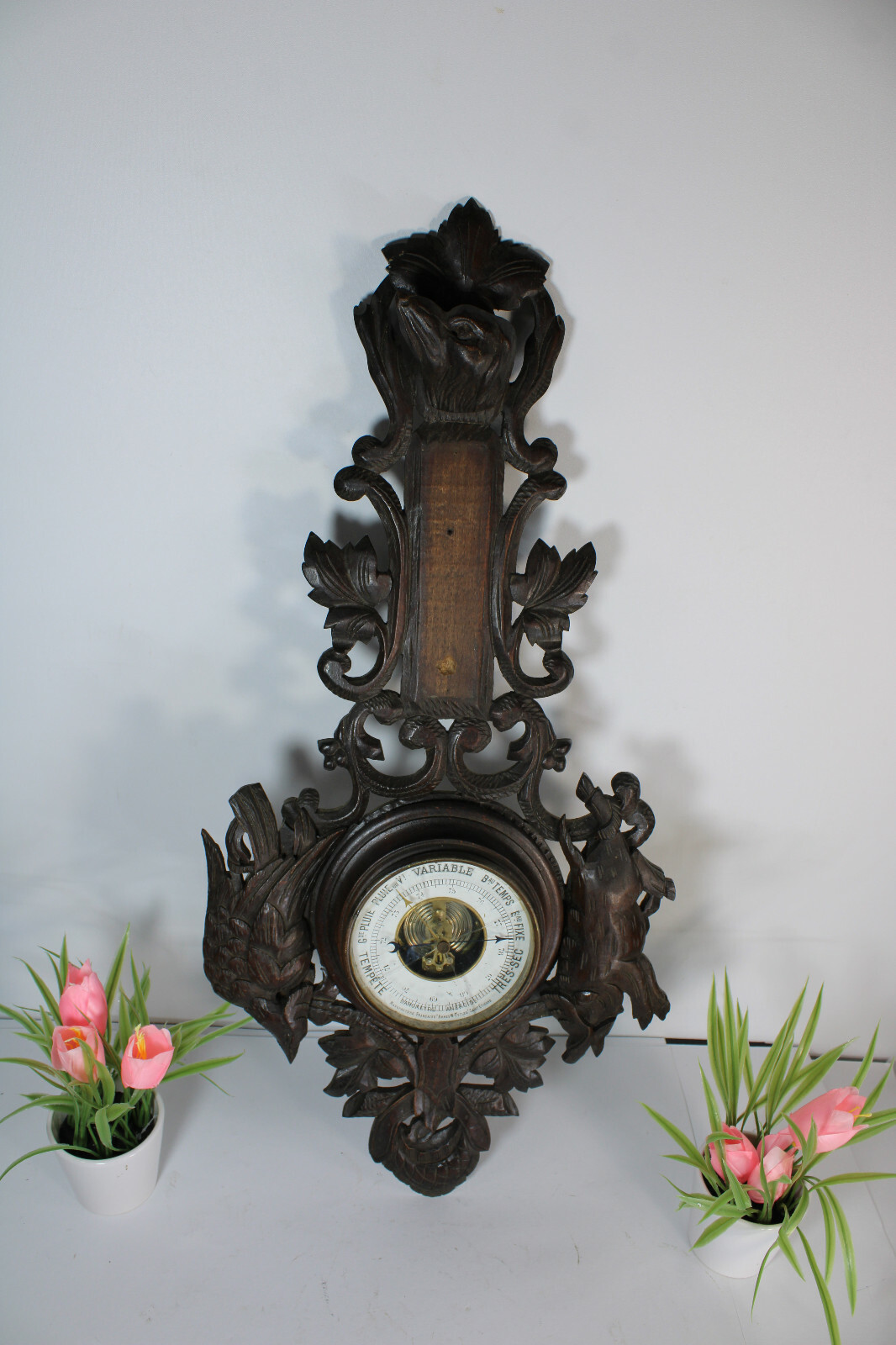 Antique black forest wood carved barometer hunting theme dog 