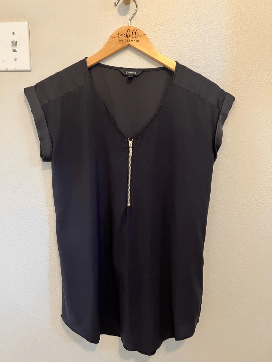 Express Black Satin Zip Short Sleeve Blouse