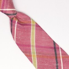 John G Hardy Mens Linen Necktie Red Plaid Weave Loose Woven Tie Made in Italy