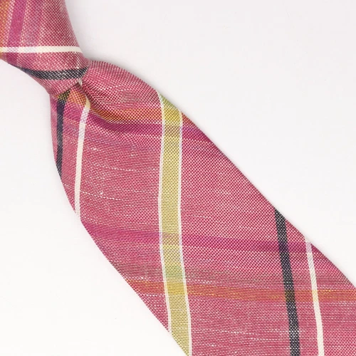 John G Hardy Mens Linen Necktie Red Plaid Weave Loose Woven Tie Made in Italy