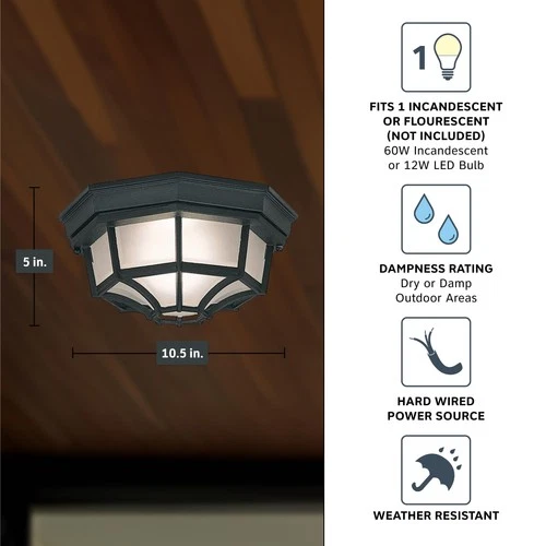 2067-BK Builder Cast Outdoor Flush Mount Ceiling Light, 10.5 in W, Black - Picture 4 of 6