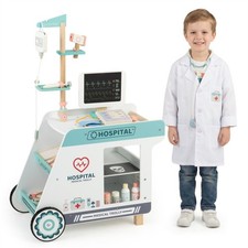 Wooden Doctor Playset Medical Kit with Cart for Kids Toddlers Age 3 Green