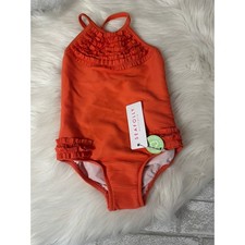 Seafolly Australia Girls Pink Punch Sweet Summer Rib Frill Tank Swimsuit Size 2