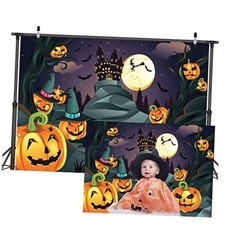 Halloween Themed Photography Backdrop Castle Pumpkin Head Bats Moonlight 7x5ft