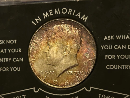 1964 Silver Kennedy Half Dollar MS Condition. Nice gold & Rainbow Color OBV