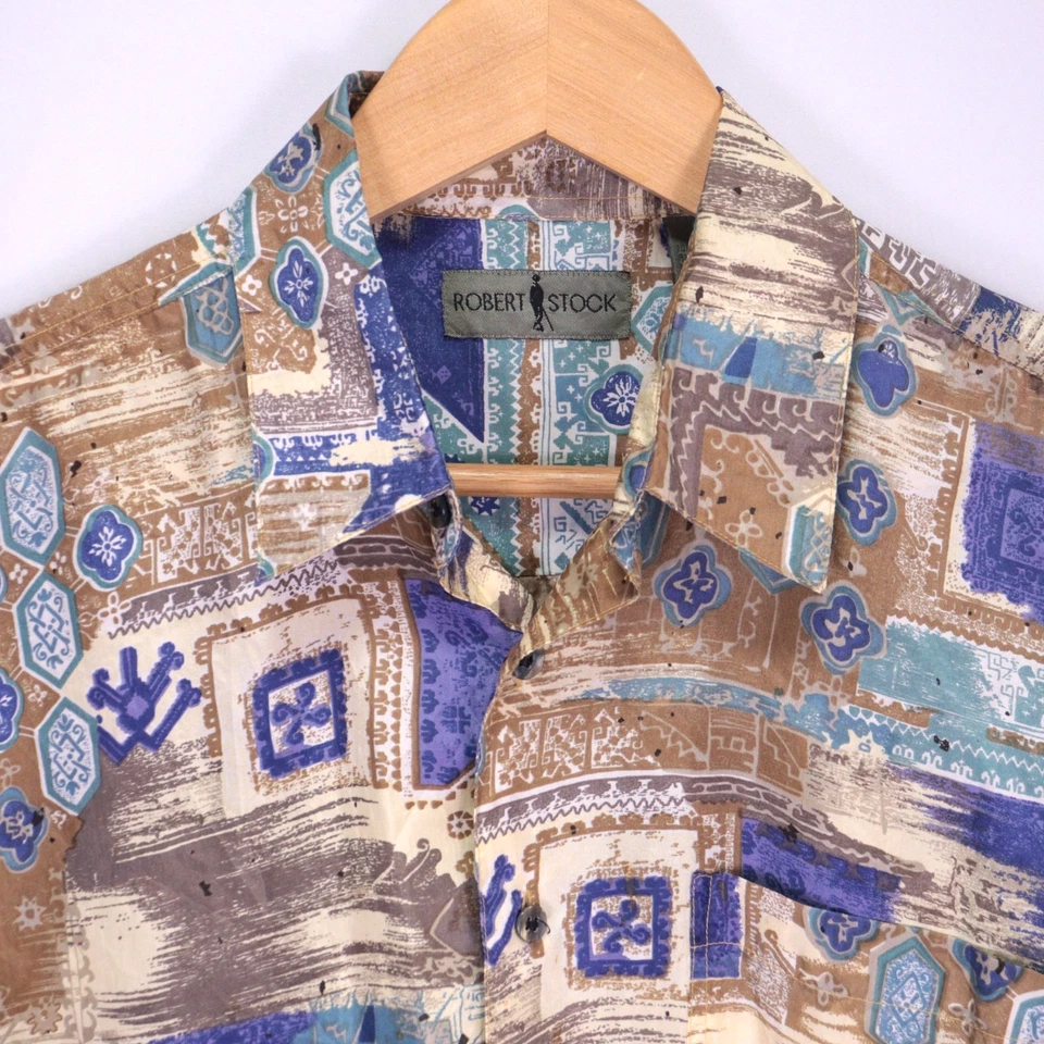 Camisa Robert Stock Seda Para Hombres M Abstracta Estampado Completo Abotonada De Colección Playa Foto 3 de 4