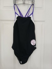 NWT Speedo Girl 14 Bathing Suit UPF 50 Conservative Cut Crossback Purple Black