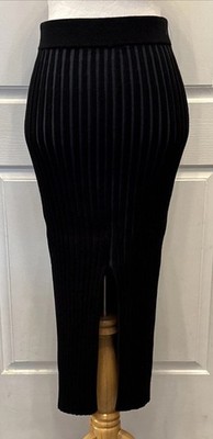 Naadam Cashmere Pencil in Black Pleated Ribbed Knit Sweater Skirt SMALL Midi
