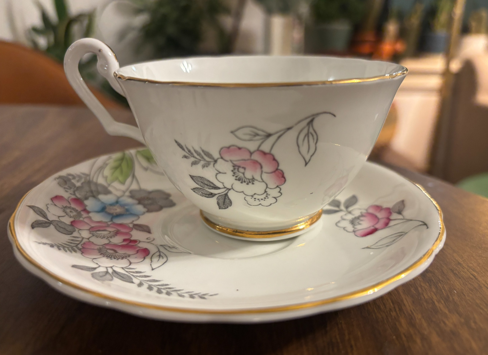 Vintage Clarence England Bone China Pink & Blue Primrose Floral Cup&Saucer 1950s