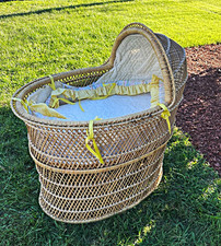 VintWicker Baby Moses Basket Bassinet w/ Hood Canopy & Padded Liner Beige/Yellow