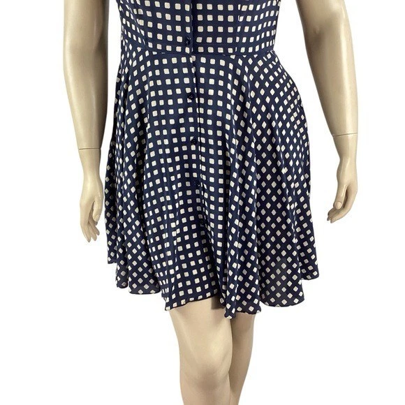 Vestido Camisa Shoshanna Seda Estampado Cuadrado Ajuste y Acampanado Azul Marino Talla 12 Foto 3 de 4