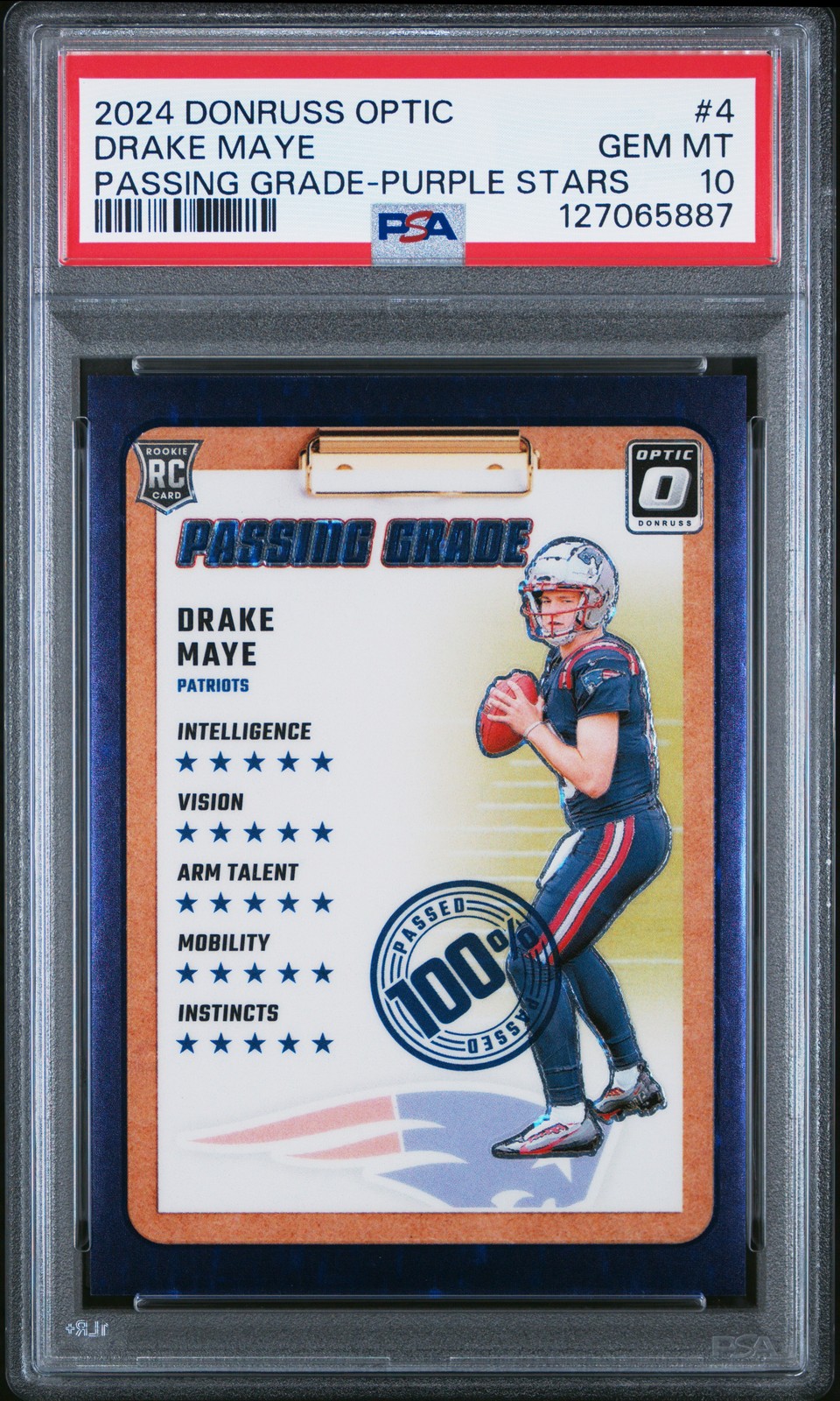 Drake Maye Panini Donruss Optic Passing Grade #4 Purple Stars