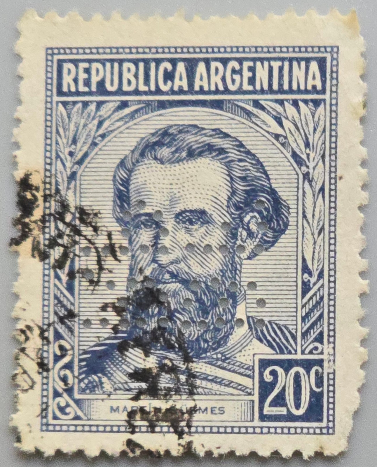 Argentina 1935 20c Blue - General Martin Guemes  - Used - PERFIN "BF RP"