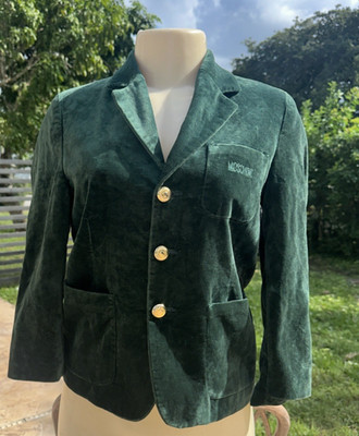 MOSCHINO JUNIOR GREEN  3 GOLD BUTTON VELVET LOGO POCKET JACKET Sz 9A