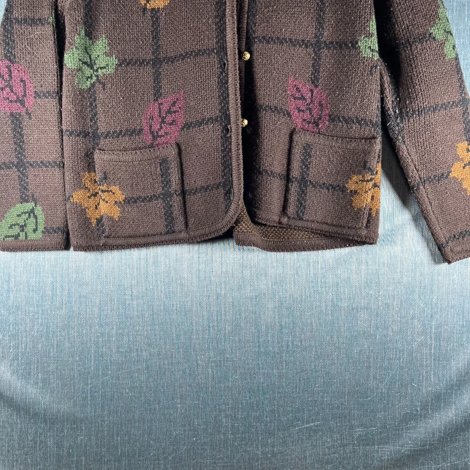 Cárdigan suéter vintage Crystal Kobe para mujer talla M pequeño marrón estampado de hojas negras Foto 3 de 4