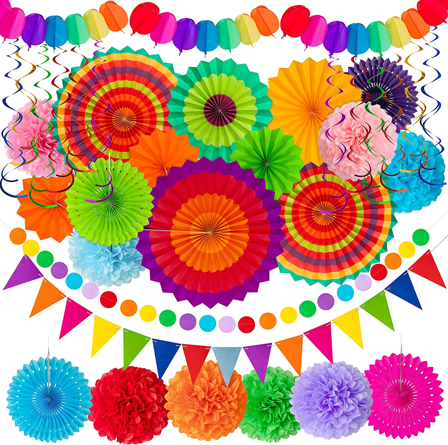 35PCS Fiesta Paper Fan Party Decorations Set - Cinco De Mayo Pom Poms,Pennant,Ga