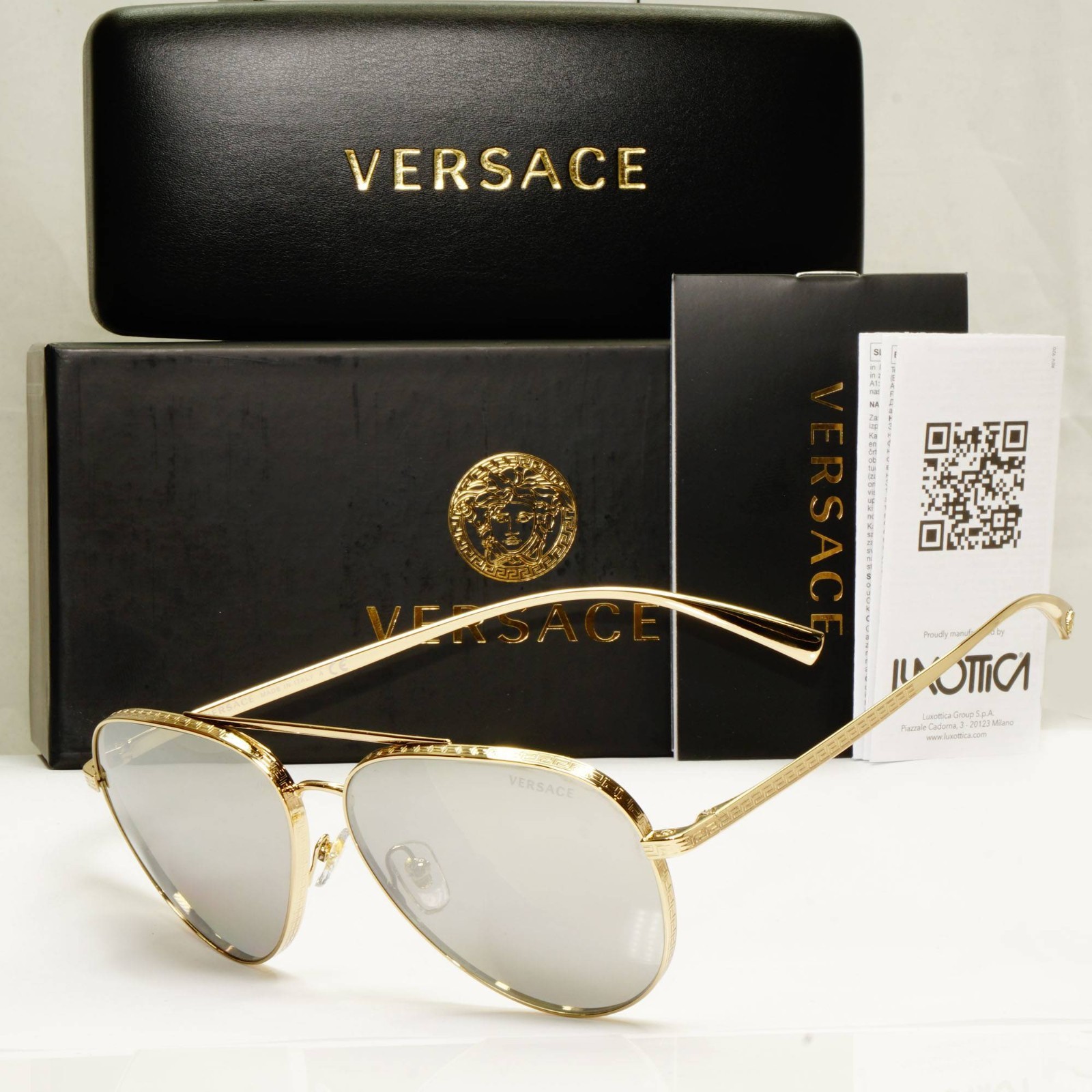 Authentic Versace Mens Gold Pilot Metal Sunglasses Silver Mirror 2217 1252/6G [a