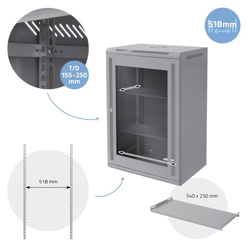 Armadio di rete 19" 18U armadio per server 600x450x900 mm grigio - Afbeelding 9 van 10