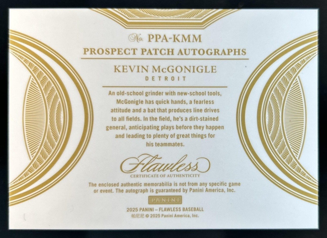 2025 Panini Flawless Kevin McGonigle Prospect Patch Auto Emerald #/5 Tigers view 2