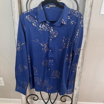 Zeroyaa Blue Gold Floral Print Long Sleeve Button Up Shirt Men s Small