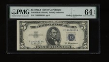 DBR 1953-A $5 Silver Fr. 1656 FA Block PMG 64 EPQ Serial F19006819A