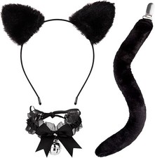 JIALWEN Cat Ears Headband with Tail and Bell Collar Set Black Cat Costumes for A