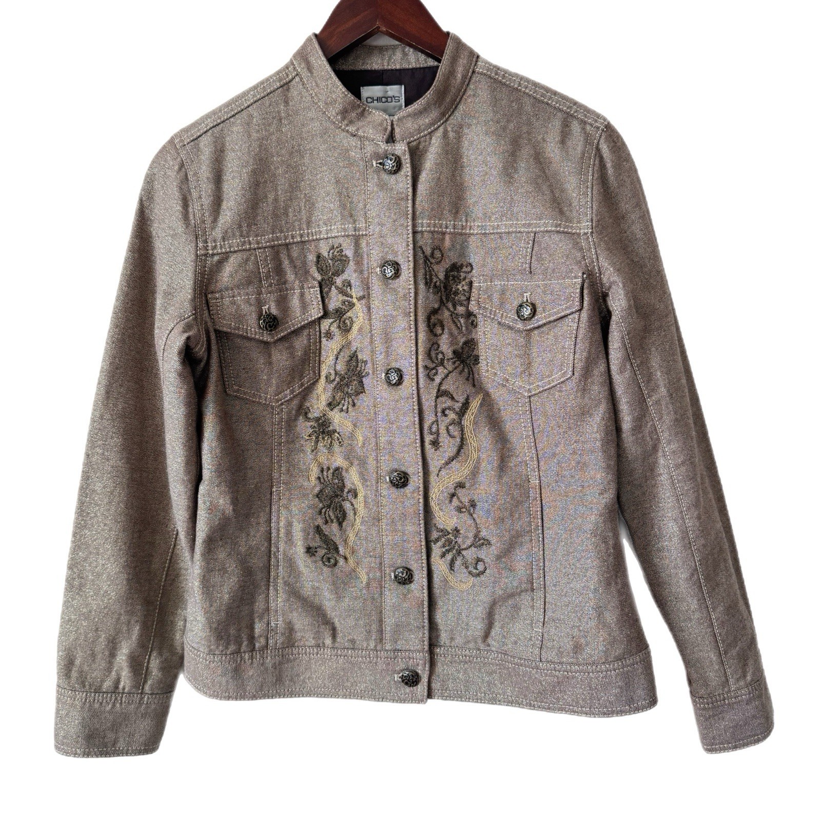Chico’s Jacket Iridescent Sparkly Fabric Metallic Embroidery Pockets Sz 4