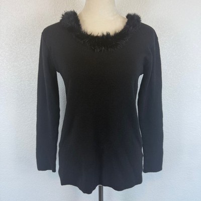 Laura Cavani Italian Black Ribbed Faux Fur Trim Long Sleeve Sweater Womens Sz