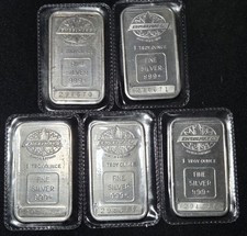 Lof (5) Consecutive Serial Numbered 1oz Engelhard Maple Leaf Silver Bars Sealed 