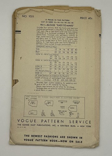 Camicetta anni 40 modello cucito Vogue 9511 Misses taglia 14 non stampata qualche taglio marcato - Foto 8 di 14