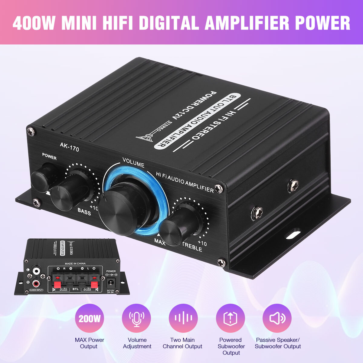 400W 12V 2 Channel Powerful Stereo Audio Power Amplifier HiFi Bass Amp