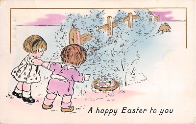 1915 Art Deco Whitney Easter PC-Bunny Runs From Children Finding Nest of Eggs