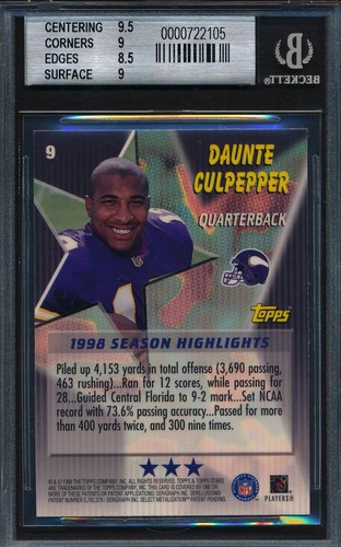 Topps Stars Daunte Culpepper Three Stars Rookie 1999 RC #9 BGS 9 como nuevo - Imagen 2 de 2
