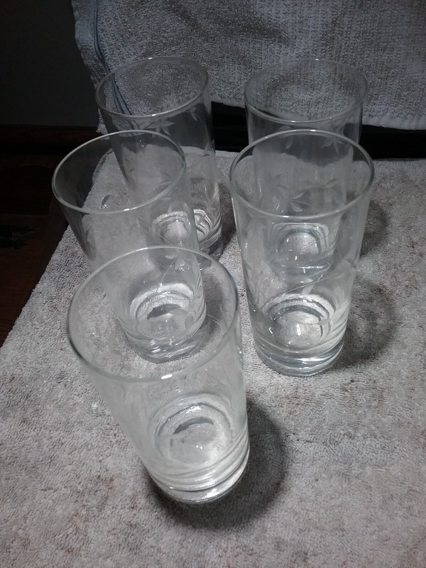 Set of 5 Clear Etched Water/Juice Glasses - Holds 12 Ounces - Good Condition