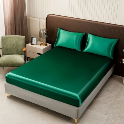 3pc Satin luxury Solid Color Bed Fitted Sheet and Pillowcase Upscale Adjustable - Picture 3 of 28