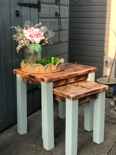 Chunky solid oak dual nesting table’s , scorched - sanded & waxed table top’s - Picture 2 of 22