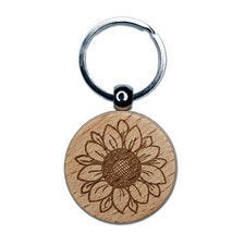 Cute Sunflower Doodle Engraved Wood Round Keychain Tag Charm