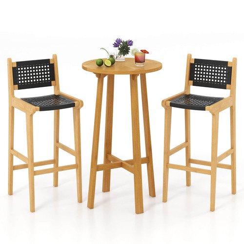 3 PCS Patio Bar Set Round Cocktail Table with 2 Armless Rattan Bar Stools