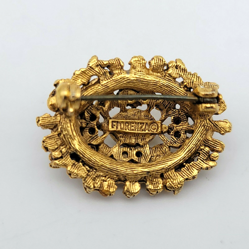 VTG FLORENZA Opal Turquois & Rhinestone Designer Pin Brooch 1 1/4"x 7/8" Goldton - Picture 3 of 6