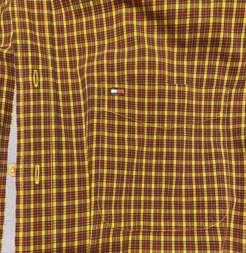 Tommy Hilfiger~XL~Gold/Red Plaid~Flag Logo~Long Sleeve~(chipped Bottom Button) - Picture 5 of 10