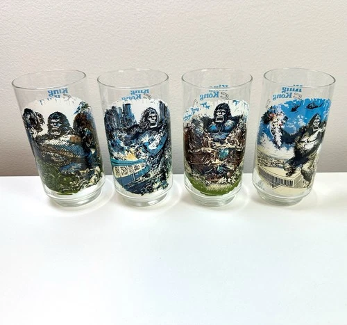 KING KONG 1976 COCA-COLA BURGER KING GLASSES COMPLETE SET 4 LIMITED EDITION VTG