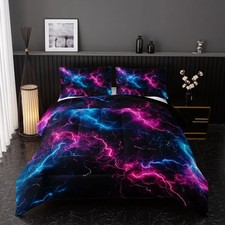 Geometric Blue and Pink Comforter Set Lightning Pattern Comforter Set Queen S...