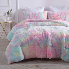 Faux Fur Plush Rainbow Comforter Set Fluffy Fuzzy Shaggy Bedding Set - 3PC Full