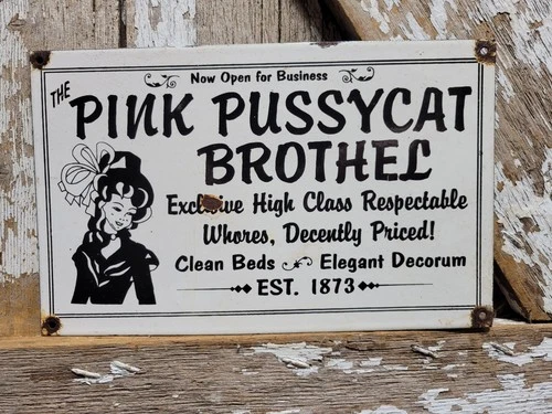 VINTAGE PINK PUSSYCAT BROTHEL PORCELAIN SIGN GENTLEMANS BAR LADIES CLUB WOMEN